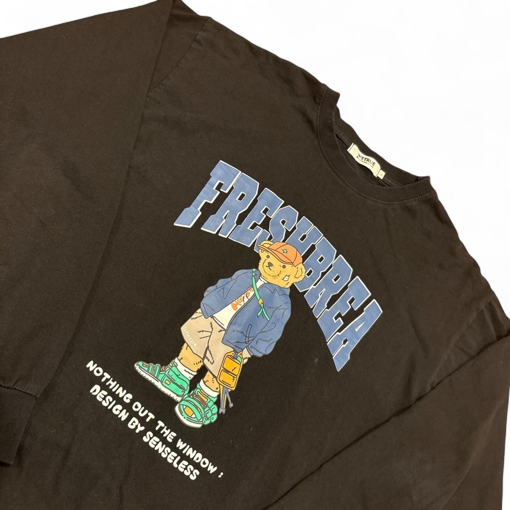 WETRUE Freshbread Teddy Bear Graphic Long Sleeve T-Shirt Black Mens Small